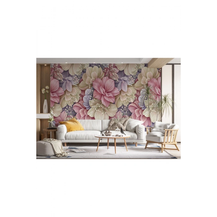Büyük Yapraklı Dekoratif Desenli Çiçek Duvar Kağıdı-5632