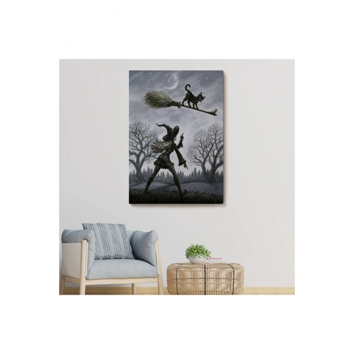 Cadı Süpürgesi ile Uçan Kara Kedi Tablosu, Witches Halloween-6353