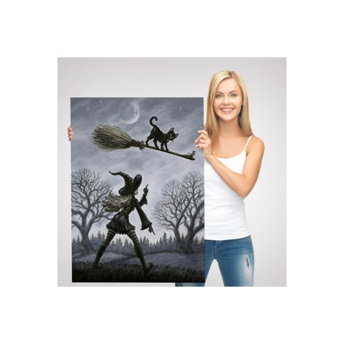 Cadı Süpürgesi ile Uçan Kara Kedi Tablosu, Witches Halloween-6353