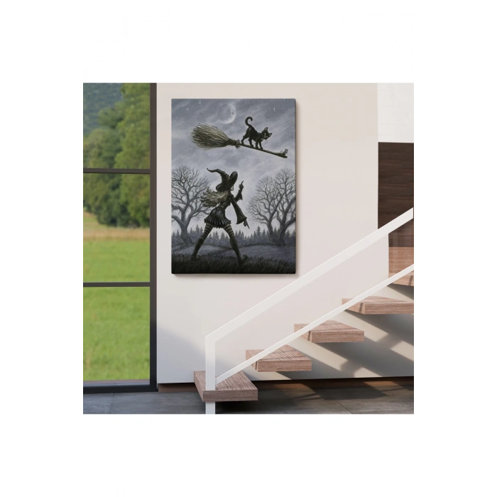 Cadı Süpürgesi ile Uçan Kara Kedi Tablosu, Witches Halloween-6353