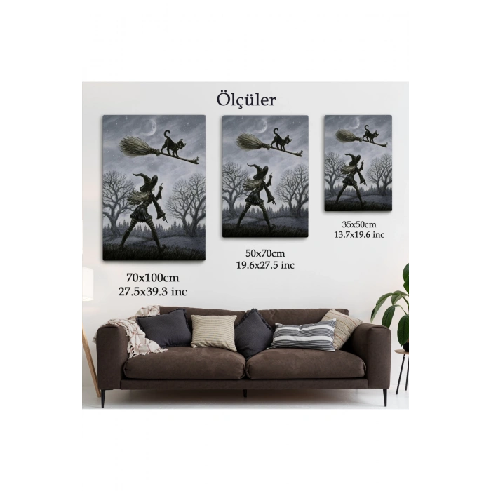 Cadı Süpürgesi ile Uçan Kara Kedi Tablosu, Witches Halloween-6353