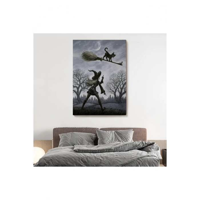 Cadı Süpürgesi ile Uçan Kara Kedi Tablosu, Witches Halloween-6353