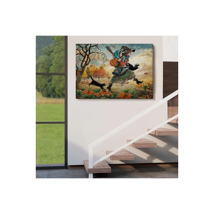 Cadı ve Kedisi Cadılar Bayramı Helloven Duvar Tablosu -6648