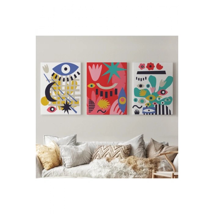 Çağdaş Sanat Gözleri Olan Soyut 3 lü Kanvas Tablo Seti-AL-12