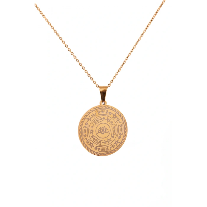 Celcelütiye ve İsm-i Azam Vefk Yazılı Çelik Kolye Altın Renk Paslanmaz Zincir (Unisex)