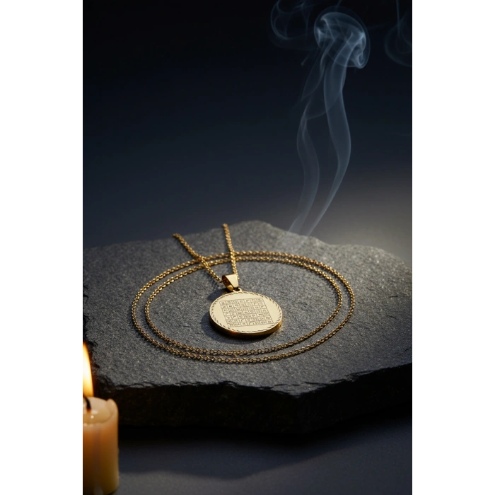 Celcelütiye ve İsm-i Azam Vefk Yazılı Çelik Kolye Altın Renk Paslanmaz Zincir (Unisex)