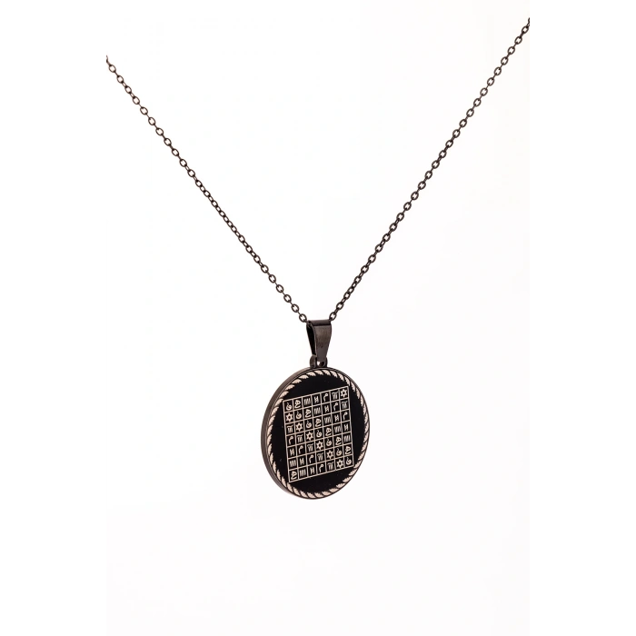 Celcelütiye ve İsm-i Azam Vefk Yazılı Çelik Kolye Titanyum Renk Paslanmaz Zincir (Unisex)