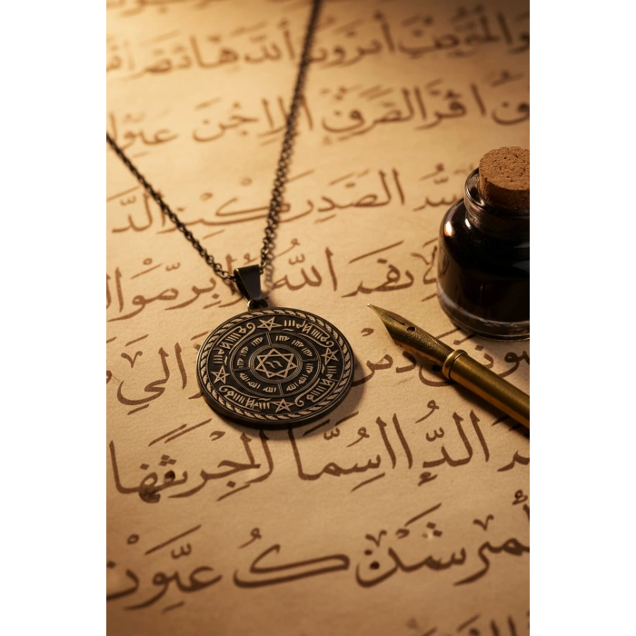 Celcelütiye ve İsm-i Azam Vefk Yazılı Çelik Kolye Titanyum Renk Paslanmaz Zincir (Unisex)