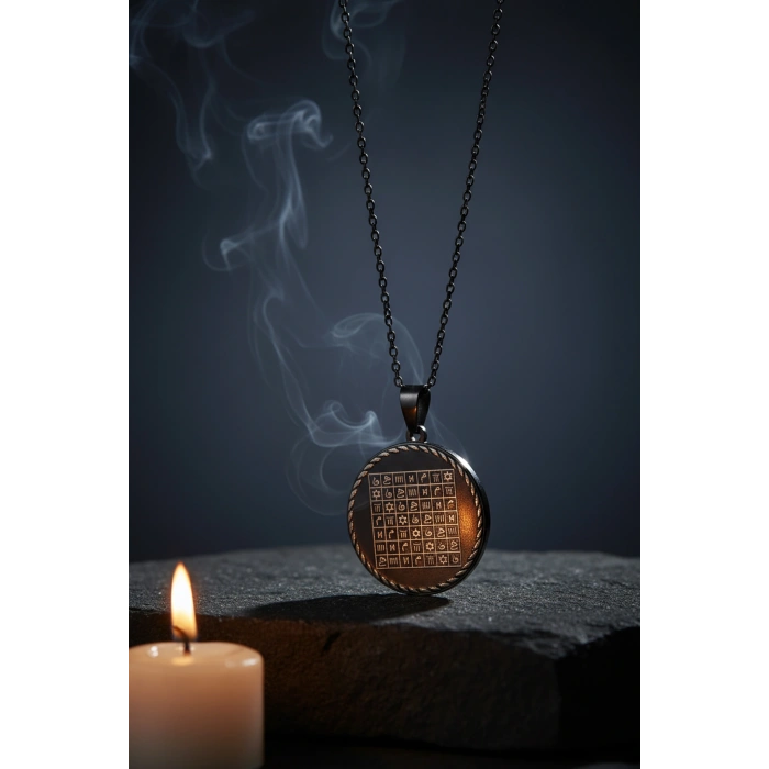 Celcelütiye ve İsm-i Azam Vefk Yazılı Çelik Kolye Titanyum Renk Paslanmaz Zincir (Unisex)