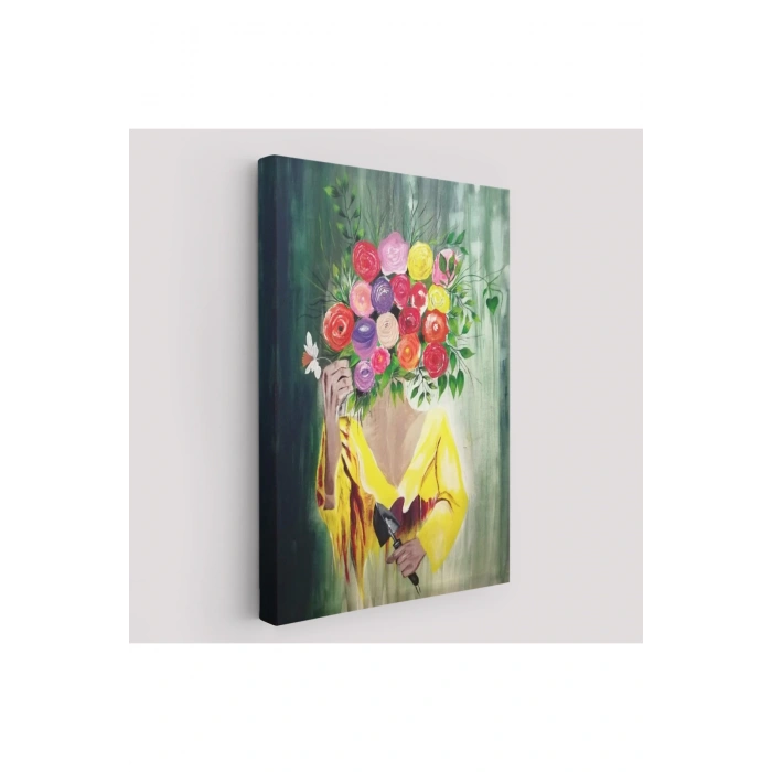 Çiçek Başlı Kadın Portresi Yağlıboya Görünüm Dekoratif Duvar Tablosu-6394