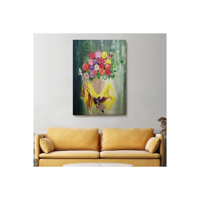 Çiçek Başlı Kadın Portresi Yağlıboya Görünüm Dekoratif Duvar Tablosu-6394