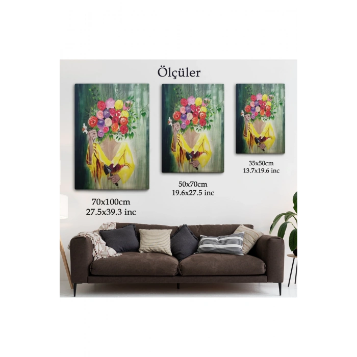 Çiçek Başlı Kadın Portresi Yağlıboya Görünüm Dekoratif Duvar Tablosu-6394