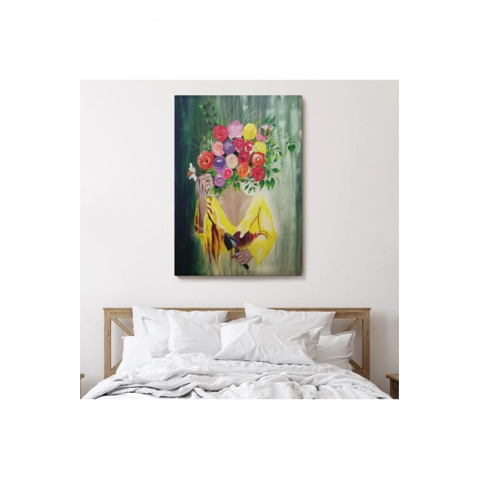 Çiçek Başlı Kadın Portresi Yağlıboya Görünüm Dekoratif Duvar Tablosu-6394