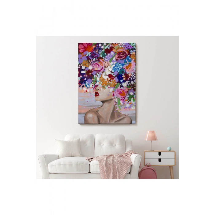 Çiçek Saçlı Kadın Yağlıboya Görünüm Dekoratif Kanvas Duvar Tablosu -6413