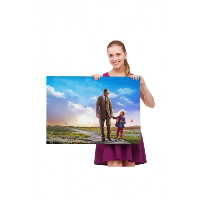 Çocuk Bayramı Temalı Mustafa Kemal Atatürk ve Çocuklar DekoratifTablo(TEK PARÇA)-DF-84