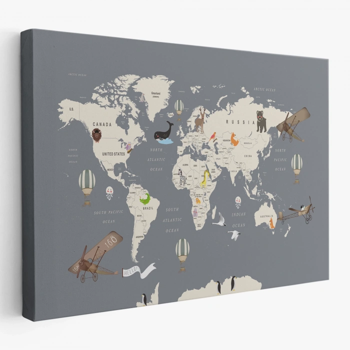 Çocuk Odası İçin Dekoratif Dünya Haritası Kanvas Duvar Tablosu-3698