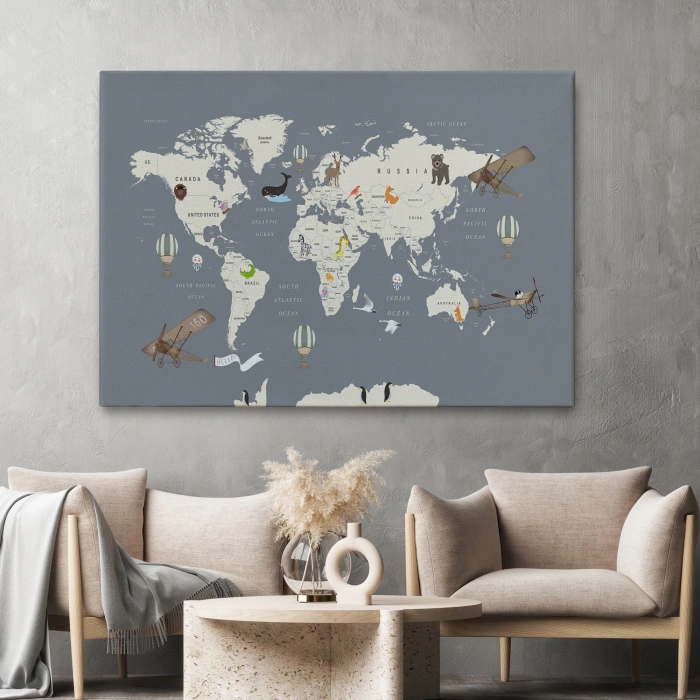Çocuk Odası İçin Dekoratif Dünya Haritası Kanvas Duvar Tablosu-3698