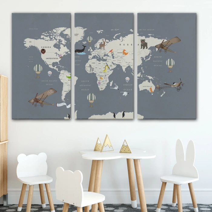 Çocuk Odası İçin Dekoratif Dünya Haritası Kanvas Duvar Tablosu-3698