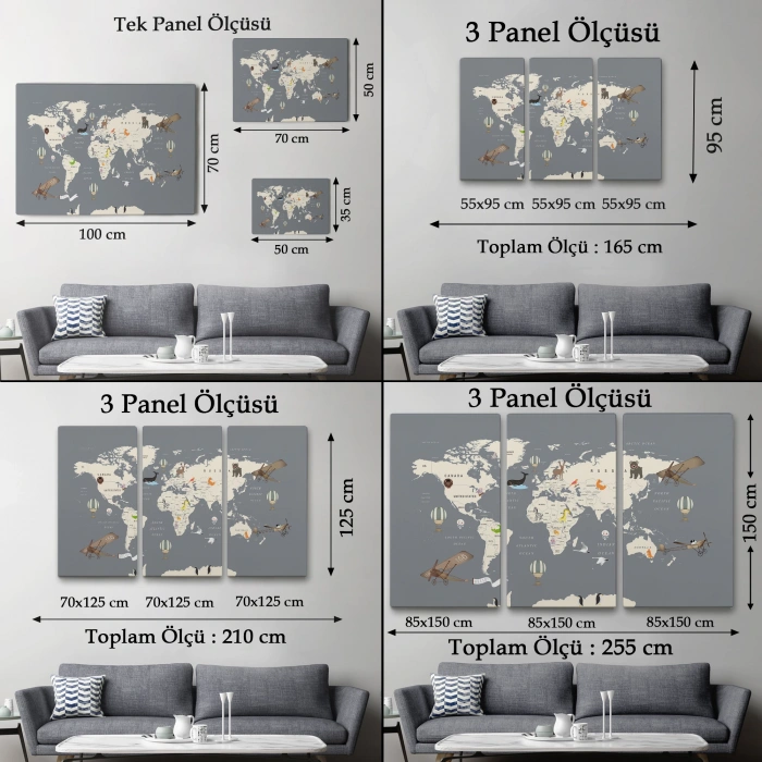 Çocuk Odası İçin Dekoratif Dünya Haritası Kanvas Duvar Tablosu-3698