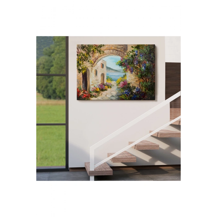 Deniz Yakınında Ev, Renkli Çiçekler, Deniz Manzaralı Kanvas Duvar Tablosu-1111