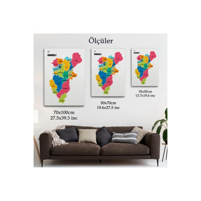 Denizli  İli ve İlçeler Haritası  Dekoratif Kanvas Tablo 1318