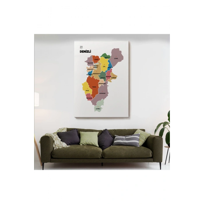 Denizli  İli ve İlçeler Haritası  Dekoratif Kanvas Tablo 1319
