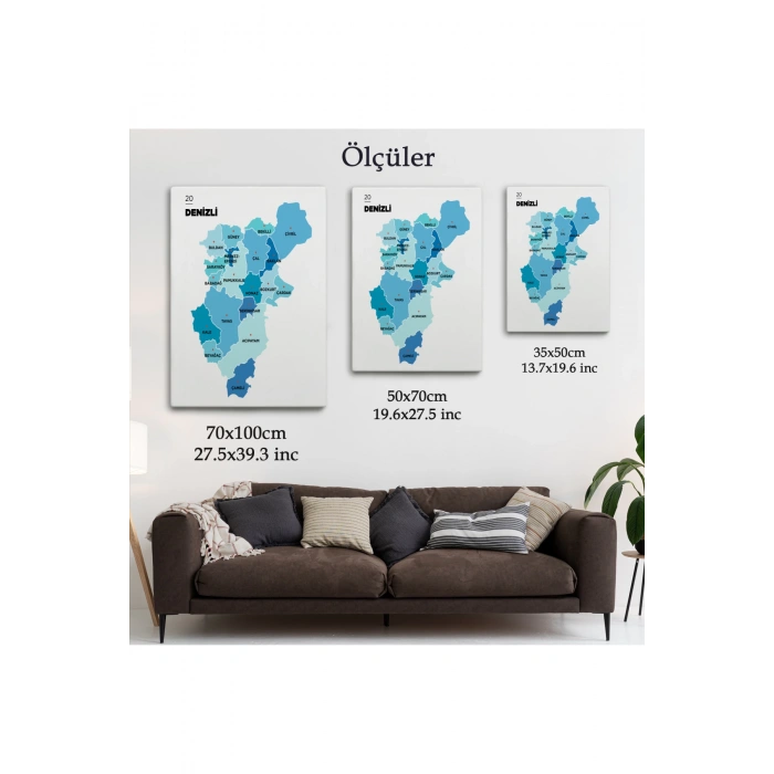 Denizli  İli ve İlçeler Haritası  Dekoratif Kanvas Tablo 1320
