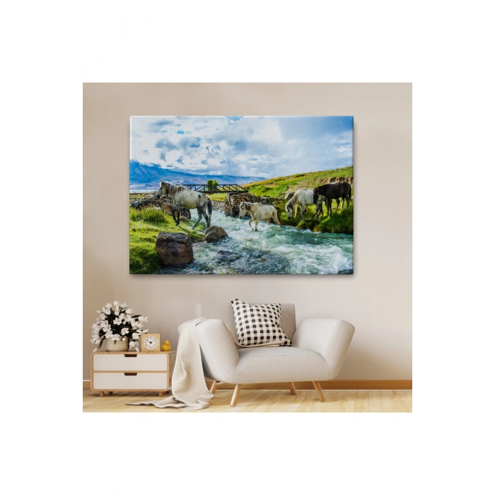Dereden Geçen Atlar Manzaralı Dekoratif Kanvas Tablo 1169