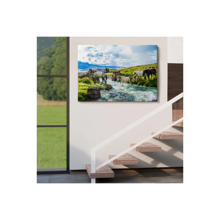 Dereden Geçen Atlar Manzaralı Dekoratif Kanvas Tablo 1169