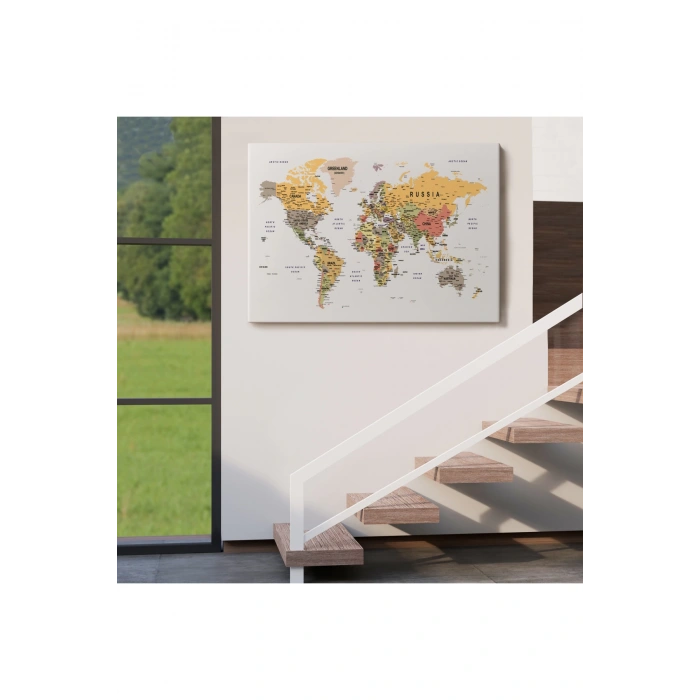 Detaylı Dünya Haritası Dekoratif Renkli Zeminli Kanvas Tablo 1676