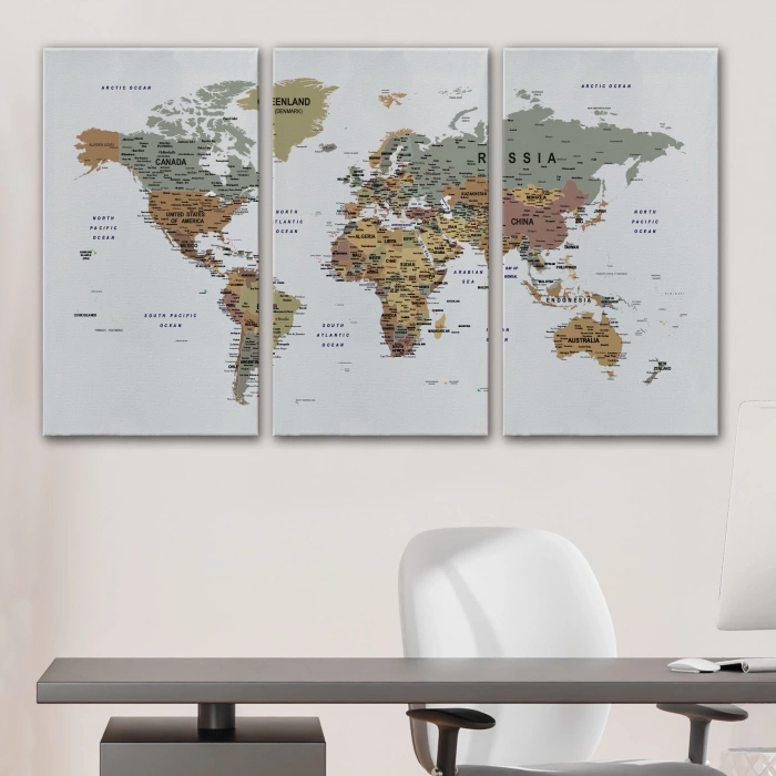 Detaylı Dünya Haritası Dekoratif Renkli Zeminli Kanvas Tablo 1702