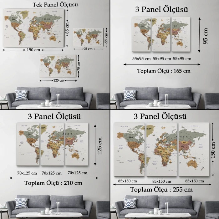 Detaylı Dünya Haritası Dekoratif Renkli Zeminli Kanvas Tablo 1702
