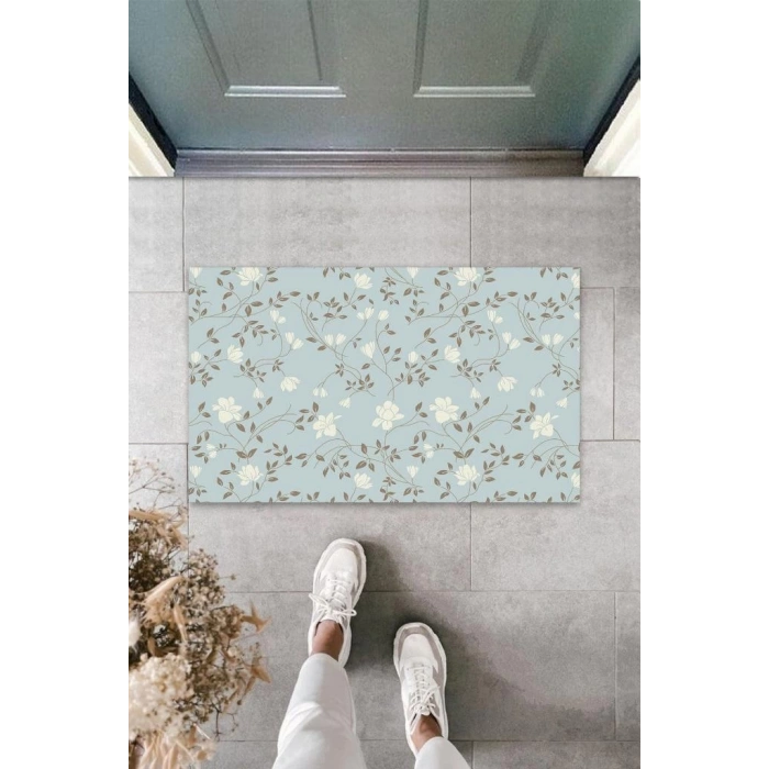 Dijital Baskı Açık Mavi Çoklu Çiçek Kapı Paspası