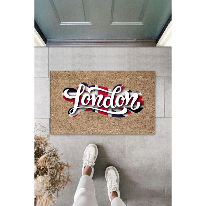 Dijital Baskı Bej London Bayrak Paspas K-3024