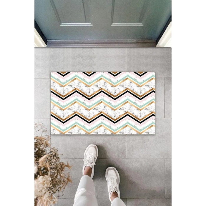 Dijital Baskı Beyaz Zigzag Kapı Paspası K-3083