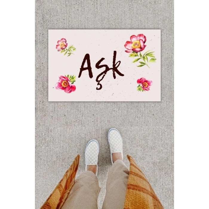 Dijital Baskı Dekoratif Çiçek Krem Kapı Önü Paspası K-1206