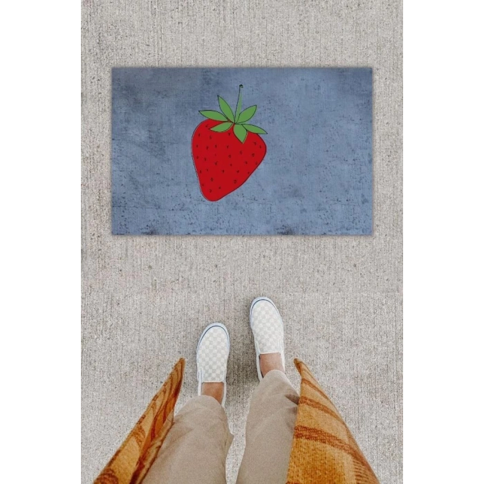 Dijital Baskı Dekoratif Çilek Antrasit Kapı Önü Paspası K-1297