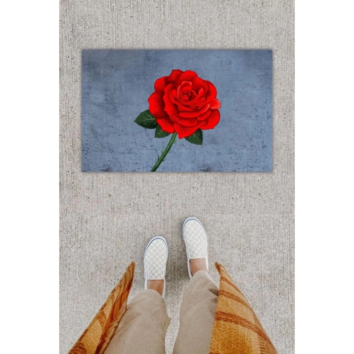 Dijital Baskı Dekoratif Gül Kırmızı Kapı Önü Paspası K-1294