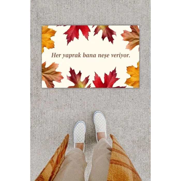 Dijital Baskı Dekoratif Kuru Yaprak Bej Kapı Önü Paspası K-1203