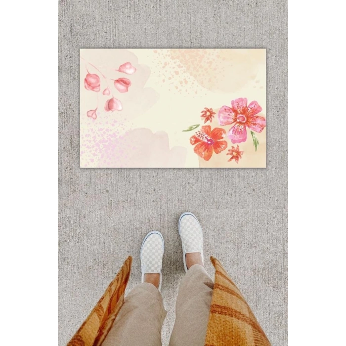 Dijital Baskı Dekoratif li Çiçek Pembe Kapı Önü Paspası K-1223