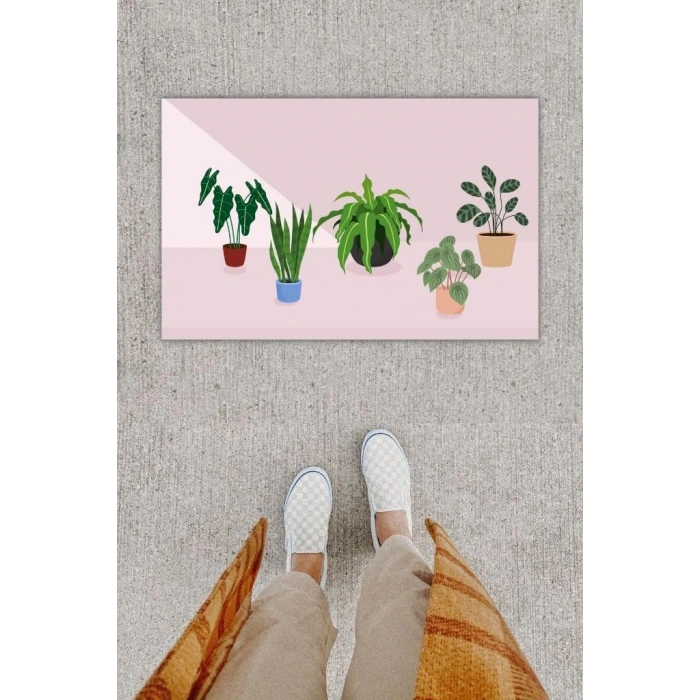 Dijital Baskı Dekoratif  Saksı Bej Kapı Önü Paspası K-1207