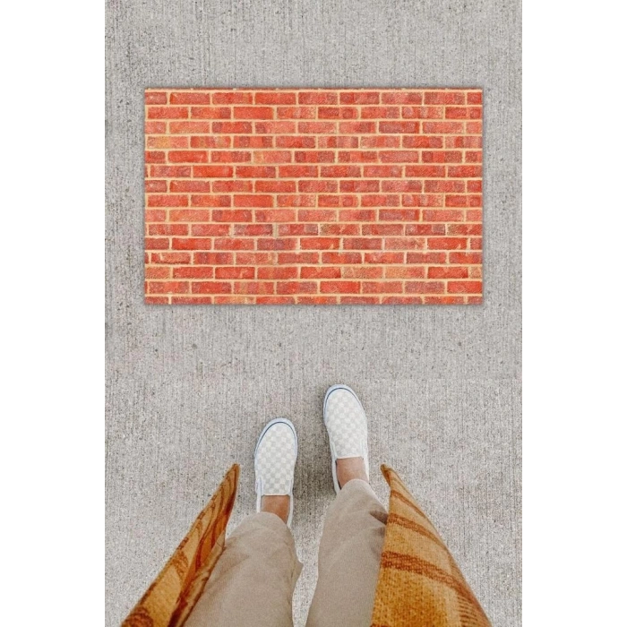 Dijital Baskı Dekoratif Tuğla Kırmızı Kapı Önü Paspası K-1262