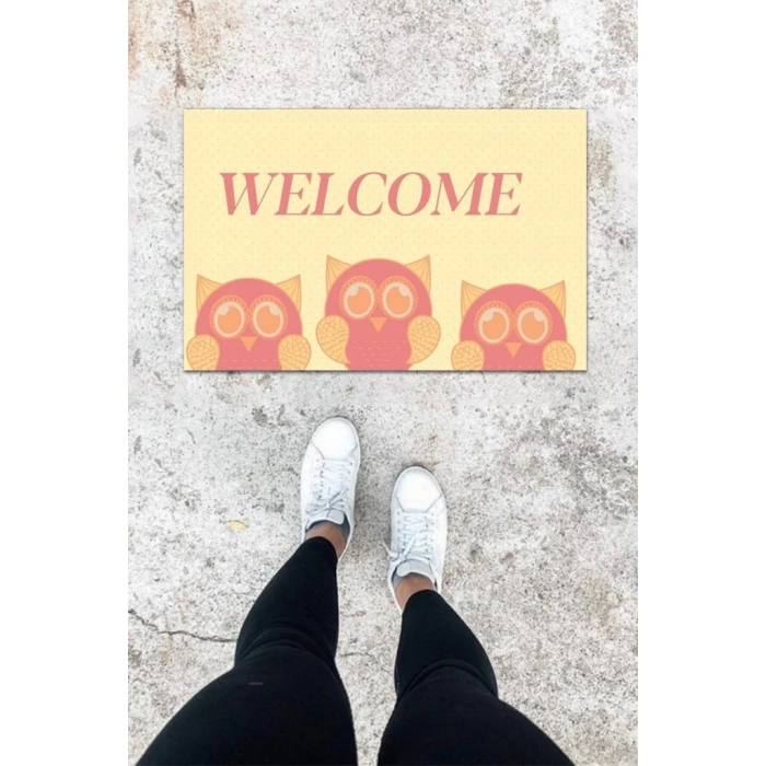 Dijital Baskı Pembe Üç Baykuş Desen Kapı Önü Paspası K-1032