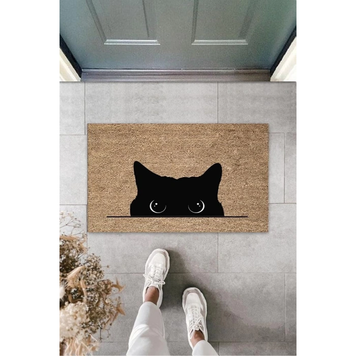 Dijital Kara Kedi Bej Kapı Paspası Dış Mekan Paspas K-3185