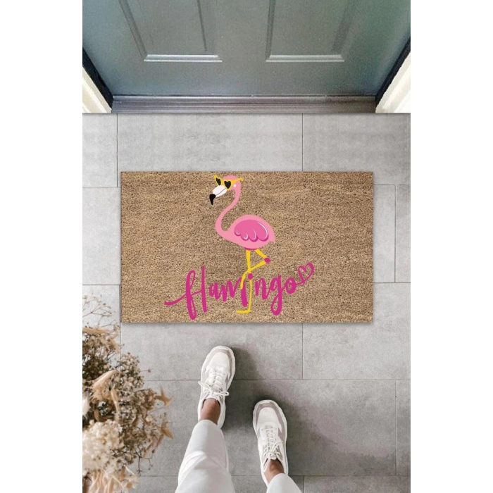 Dijital Pembe Flamingo Bej Kapı Paspası Dış Mekan PaspasK-3050