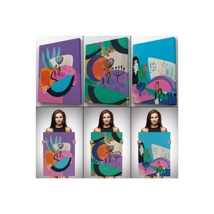 Doğa Motifleri, Çiçek Yaprakları, Modern Soyut Tarzda 3 lü Kanvas Tablo Seti-AK-11