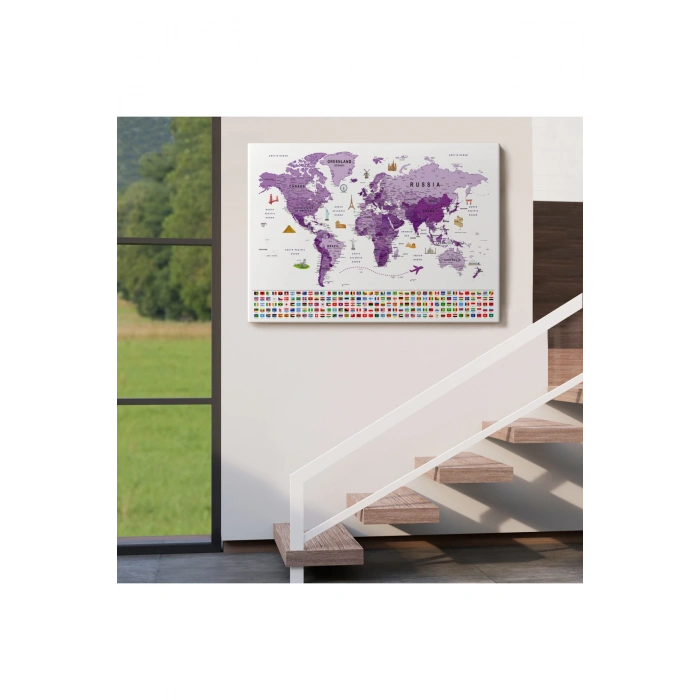 Dünya Haritası Ayrıntılı Eğitici  Sembollü Bayraklı Dekoratif Kanvas Tablo 2819
