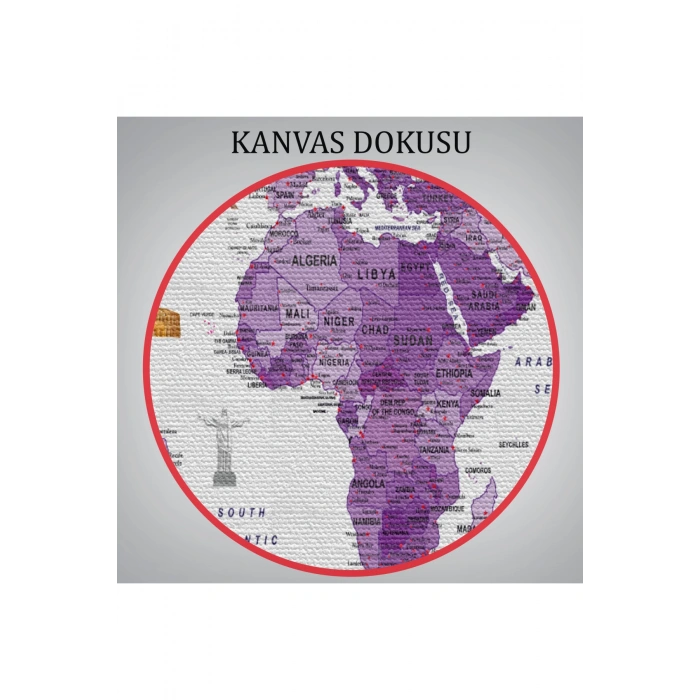 Dünya Haritası Ayrıntılı Eğitici  Sembollü Bayraklı Dekoratif Kanvas Tablo 2819