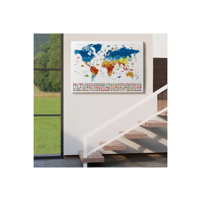 Dünya Haritası Ayrıntılı Eğitici  Sembollü Bayraklı Dekoratif Kanvas Tablo 2821