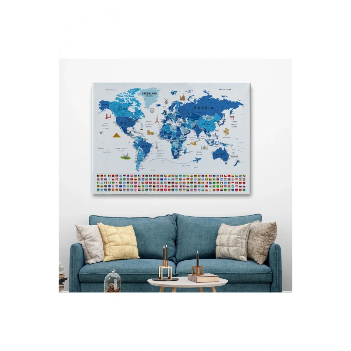 Dünya Haritası Ayrıntılı Eğitici  Sembollü Bayraklı Dekoratif Kanvas Tablo 2829